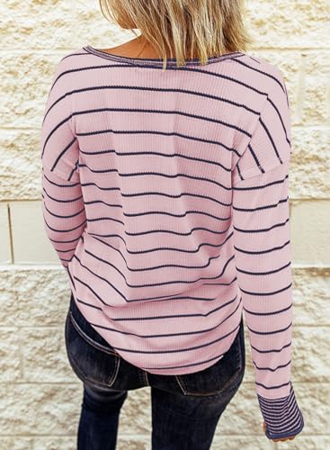 Long Sleeve Striped Button Up Tunic Shirts Loose Fit Henley Tee Blouses P697