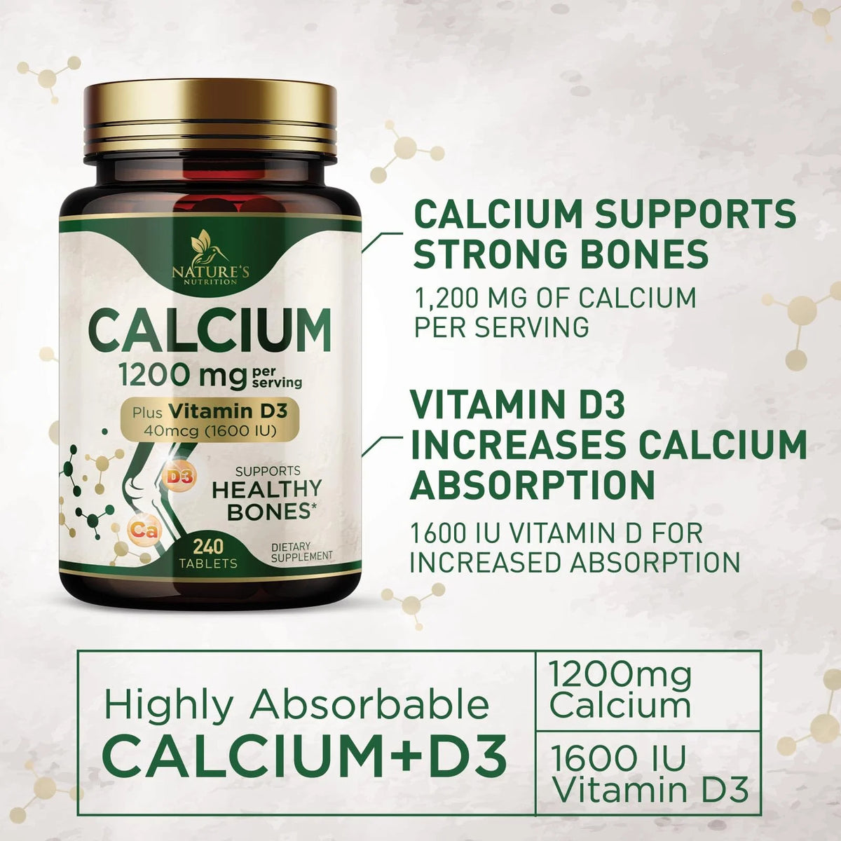 240 Tablets Calcium 1200 mg with Vitamin D3 Dietary Supplement N7780
