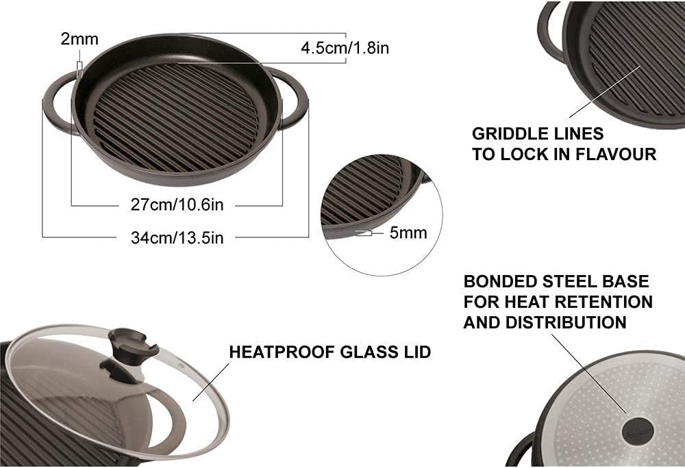 Cast Aluminium Griddle Pan with Glass Lid, 10.6 Diameter, Non-Stick V5271