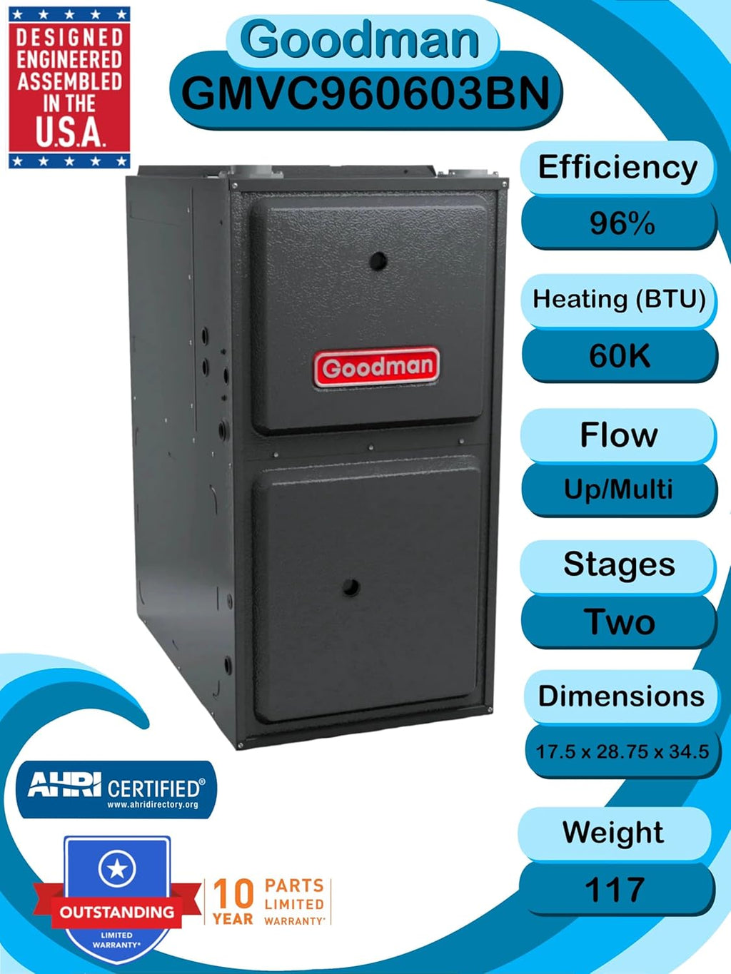 3 TON 14.3 SEER2 AC Unit with 96% AFUE 60k BTU Low NOx Two-Stage Gas Heater and Upflow Evaporator S9028