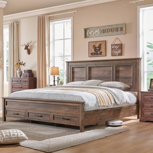 Antique Brown King Size Wood Platform Bed Frame with Headboard and Storage Drawers C81149