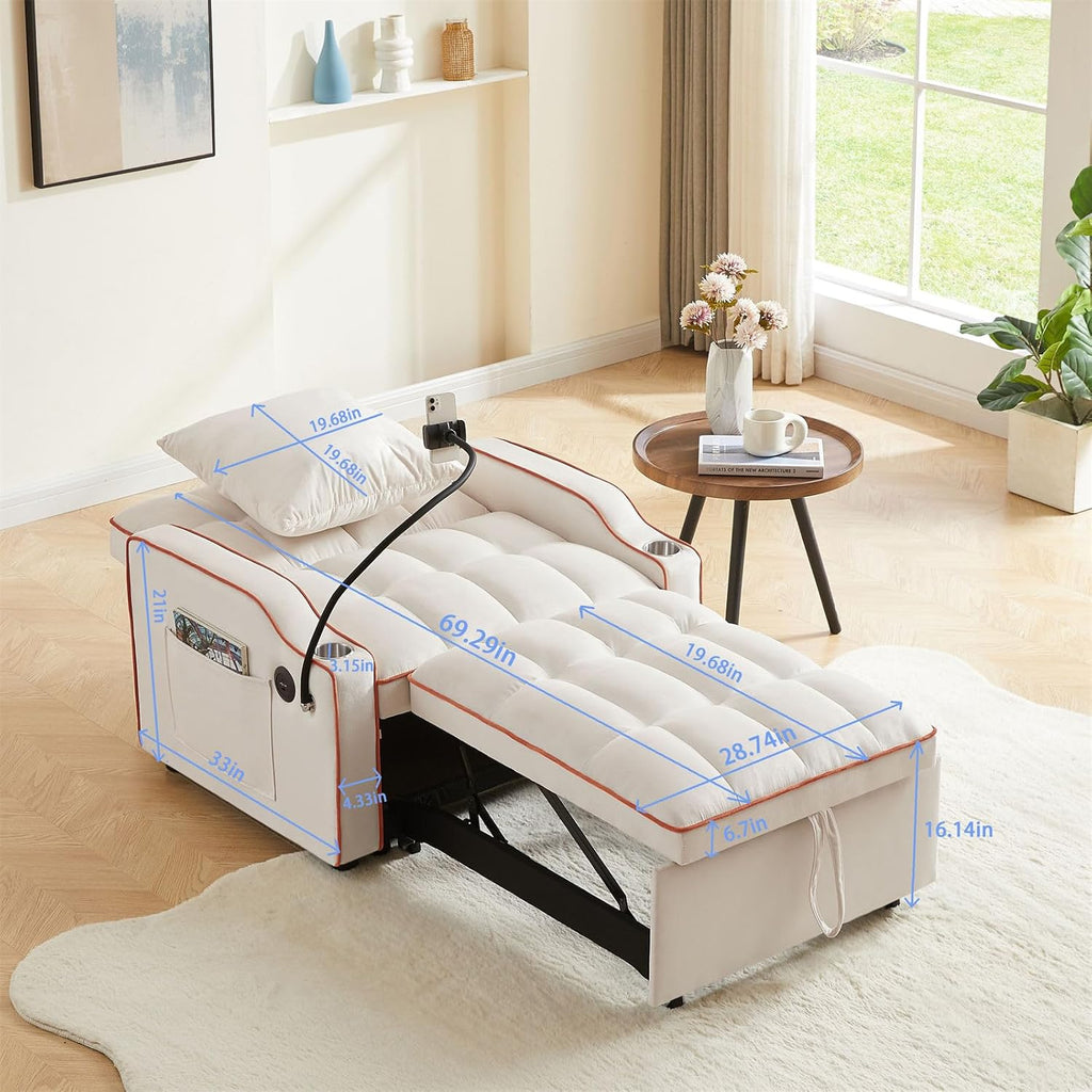 3-in-1 Convertible Pull Out Sleeper Chair Bed with Multi-Pockets Q799