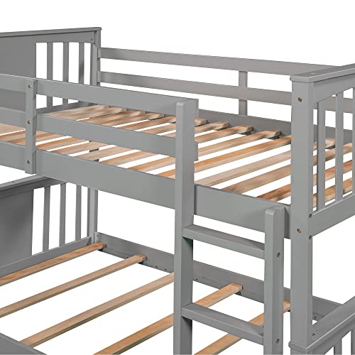 Gray Solid Wood Twin over Twin Bunk Bed with Ladder and Guard Rail V9137