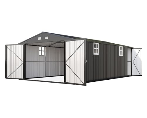 13.2x21x8 FT Outdoor Metal Garage Shed with Double Hinged Doors and 4 Windows Z62079