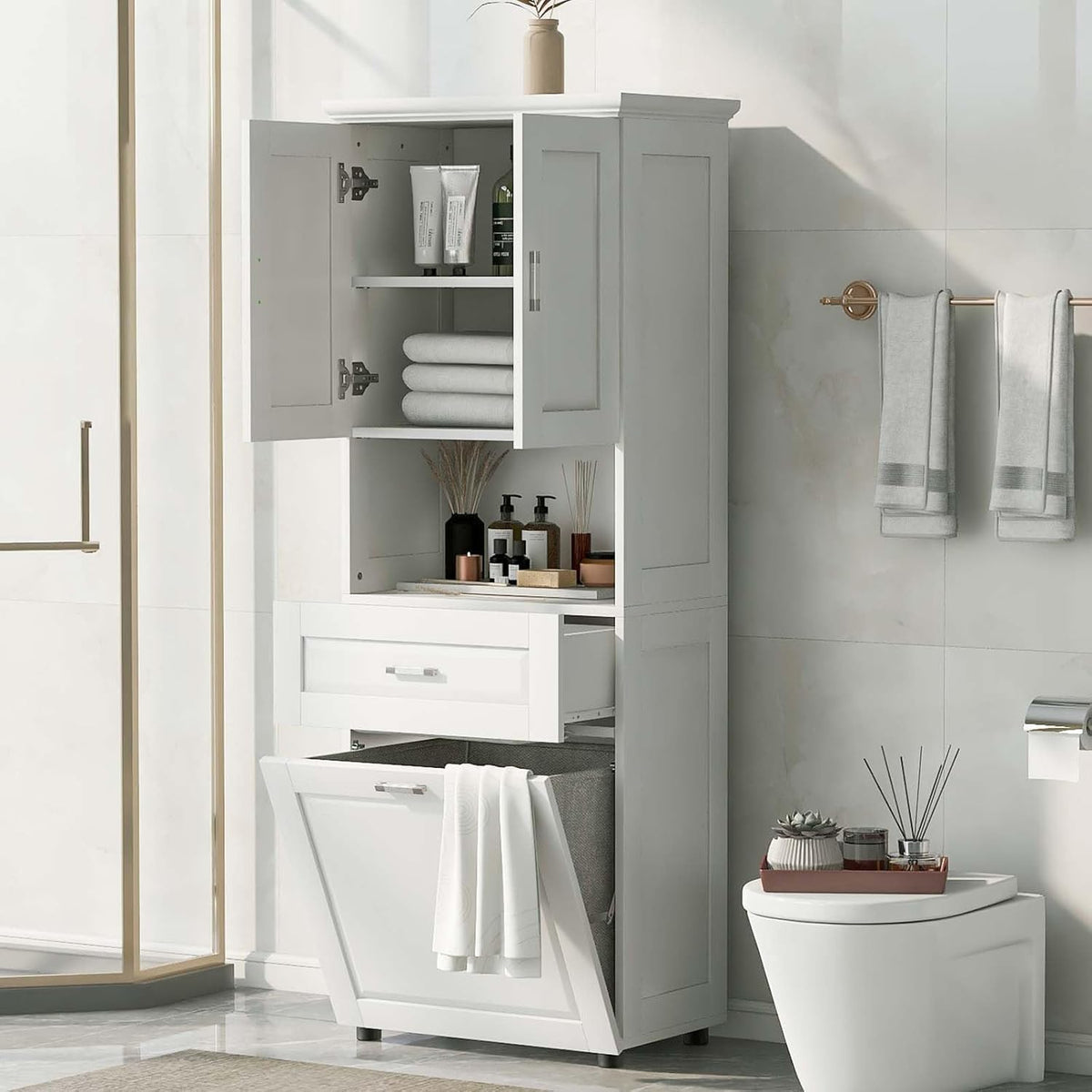 70" Tall Tilt Out Laundry Hamper Cabinet with 2 Doors and Adjustable Shelf Z9122