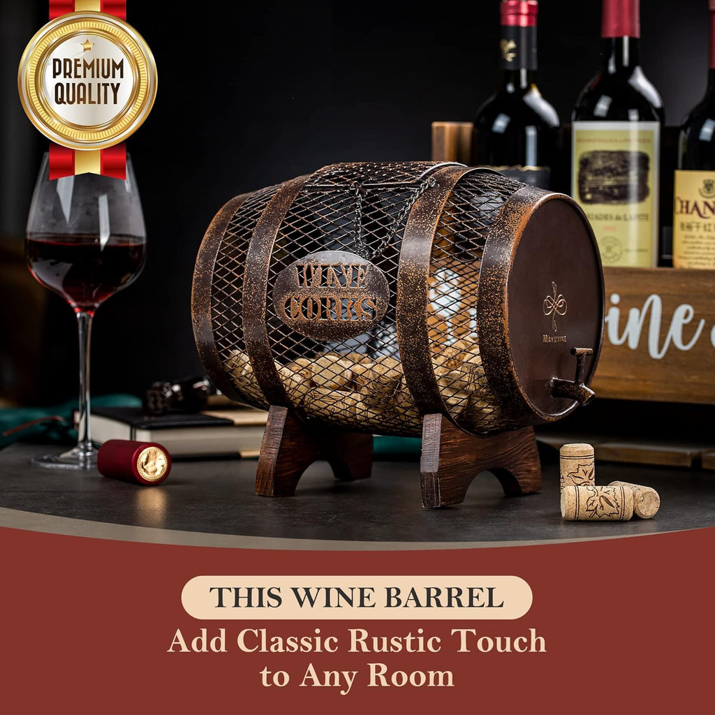 Rustic Metal Large Barrel Wine Cork Holder Display On Wooden Stand N36402
