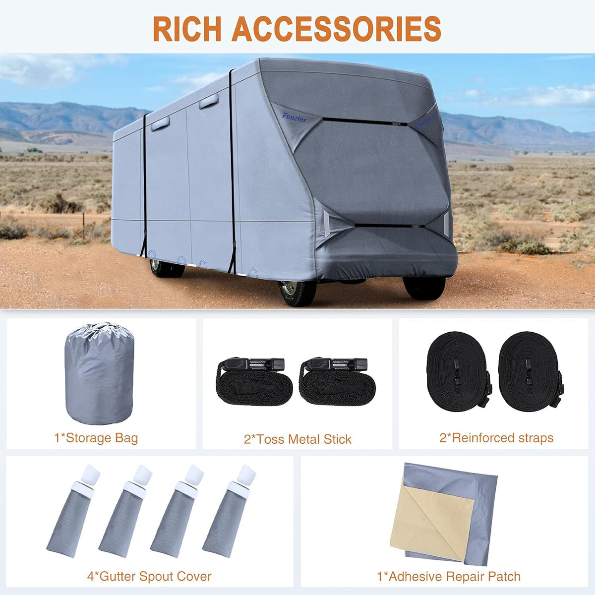 Windproof Waterproof Rip-Stop RV Cover for 23’-26’ Motorhome with 2Pcs Extra Long Straps & Gutter Covers A17838