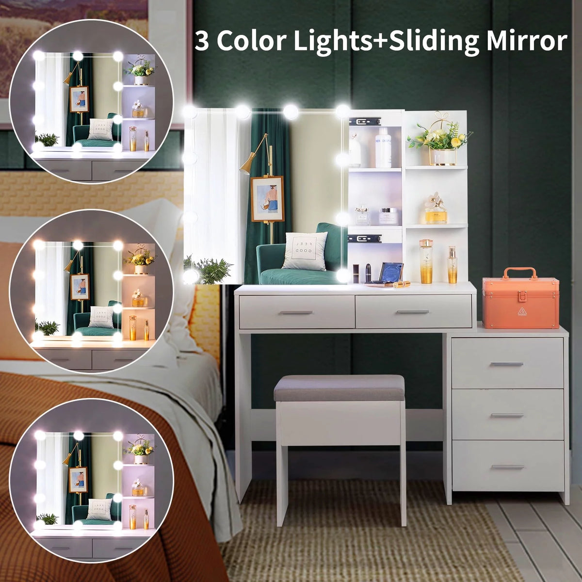Modern Vanity Table Set with Lighted Mirror, 5 Drawer White G670173