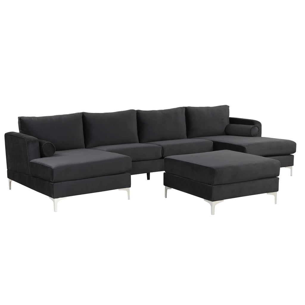Black Velvet U-Shape Sectional Sofa with Ottoman D255