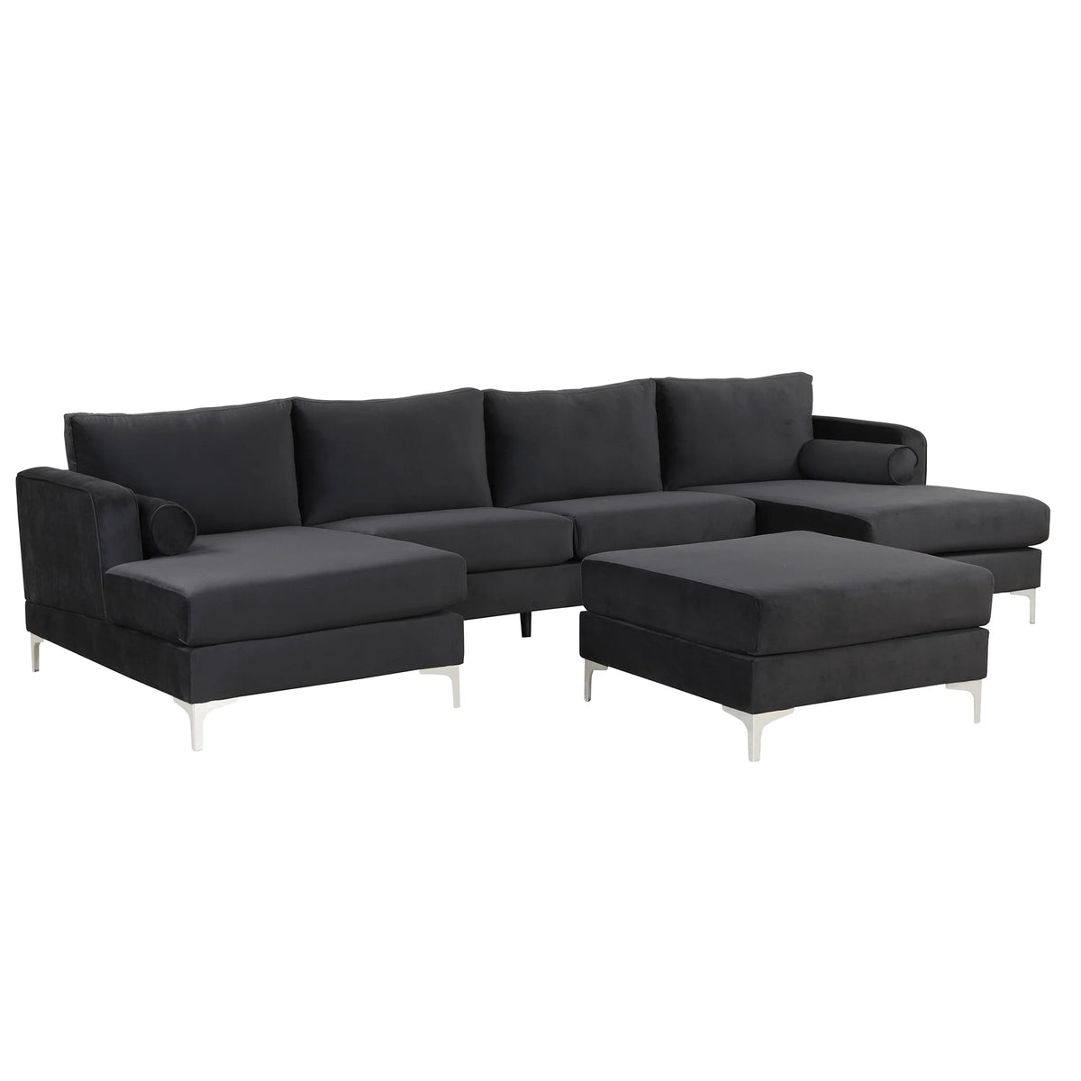 Black Velvet U-Shape Sectional Sofa with Ottoman D255