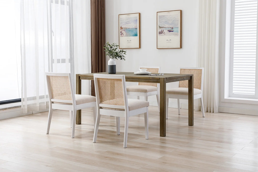 Beige Rattan Dining Chairs Set of 2 with White Hardwood Frame G112672