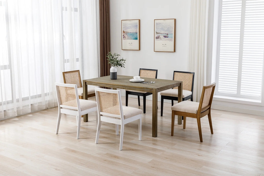 Beige Rattan Dining Chairs Set of 2 with White Hardwood Frame G112672