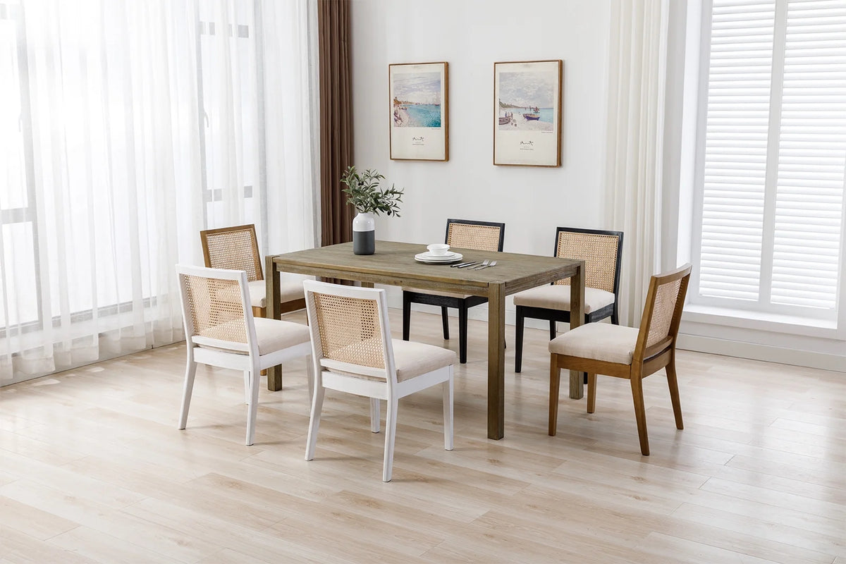Beige Rattan Dining Chairs Set of 2 with White Hardwood Frame G112672