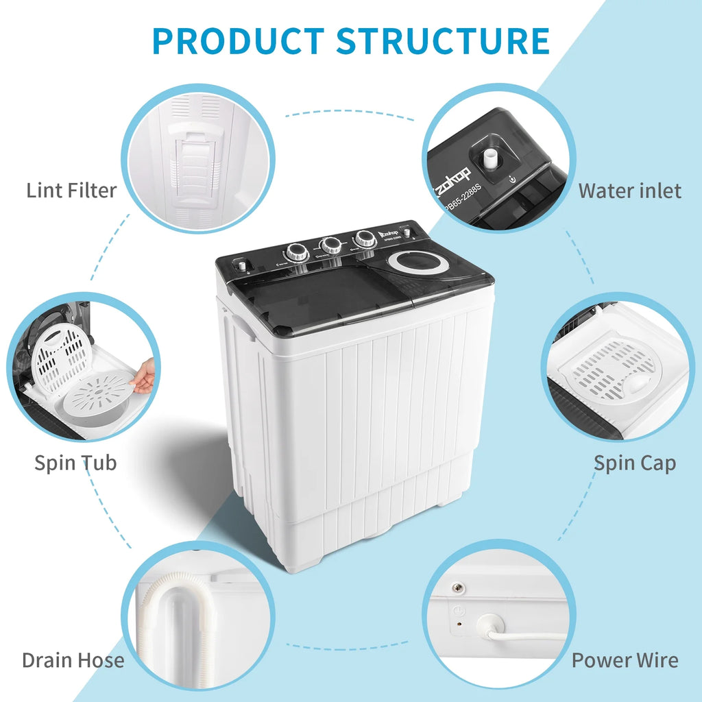 Semi-automatic Twin Tub Washing Machine with Built-in Drain Pump, 26Lbs, White&Black A860