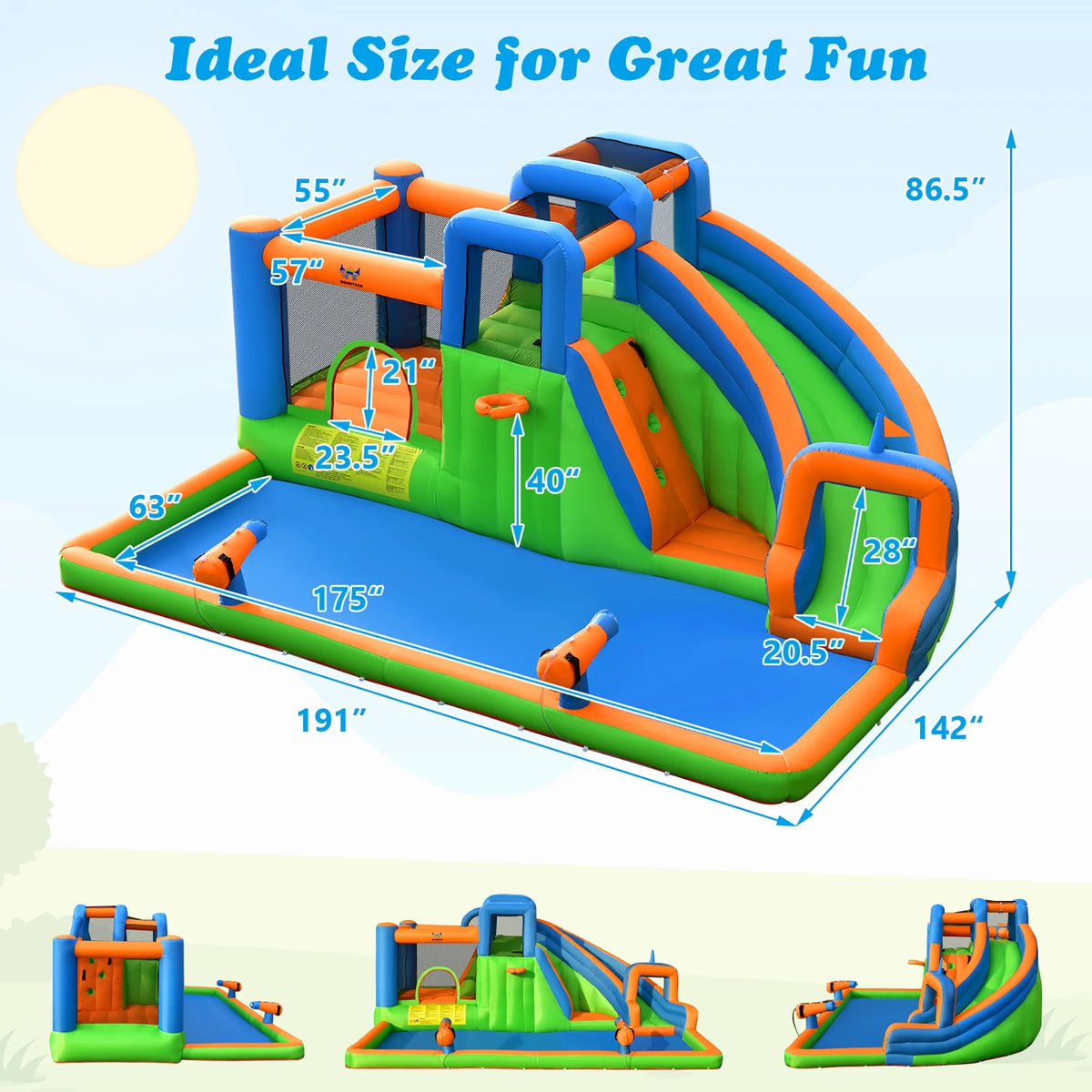 Inflatable Water Slide Bounce Castle with Dual Climbing Walls and 735W Blower I323