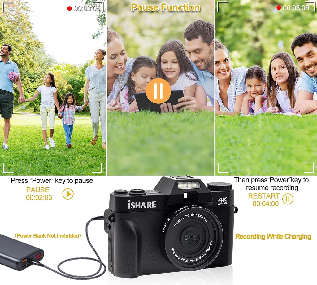 4K 48MP Digital Camera with 3.0 inch 180Deg Flip Screen and 2 Batteries K2103