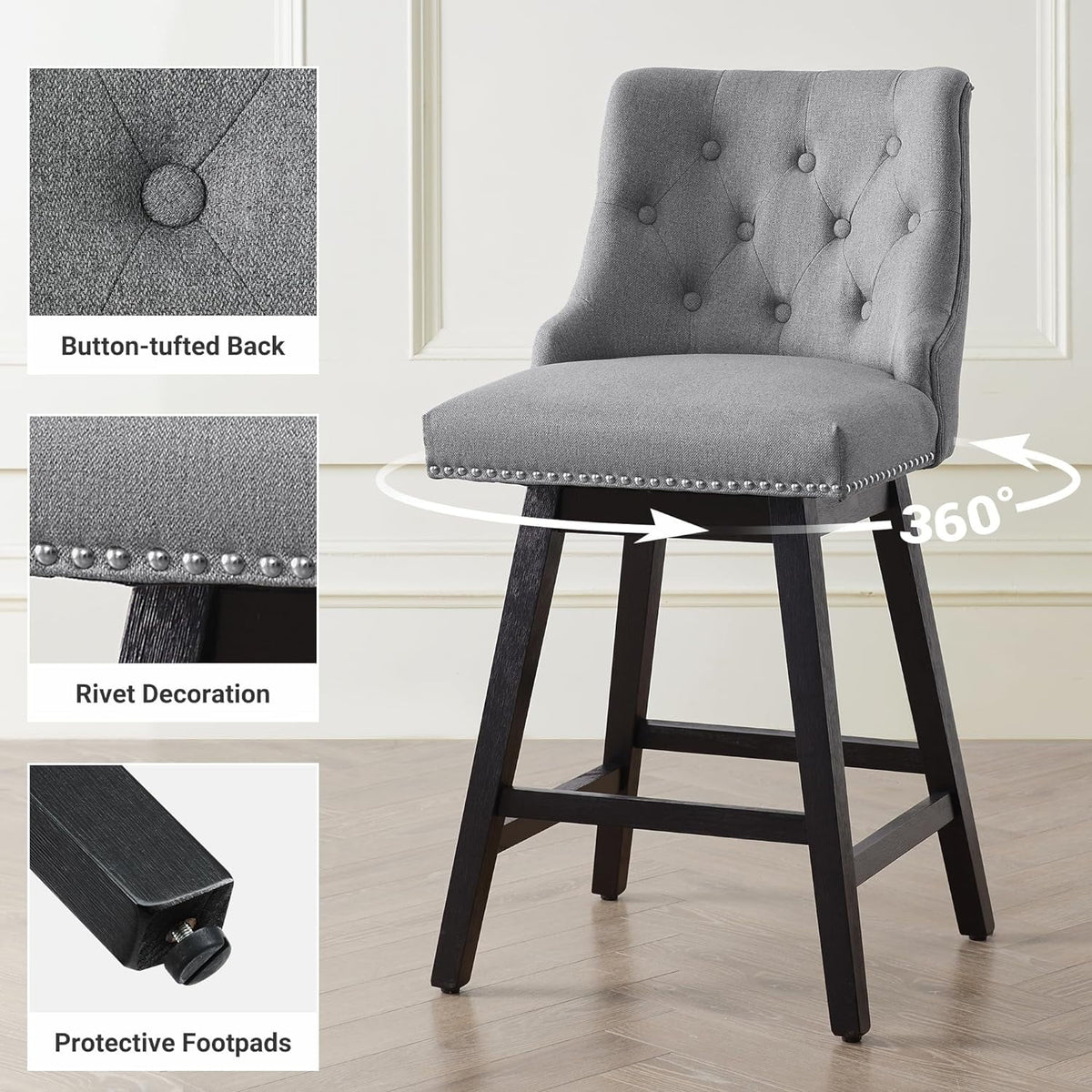 Grey 26” Upholstered Bar Stools Set of 4 with Wood Legs Z188