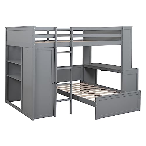 Twin Size Loft Bed with Built-in Desk & Wardrobes, Wood Bedframe with 4 Drawers & 4 Shelves, Gray F9468