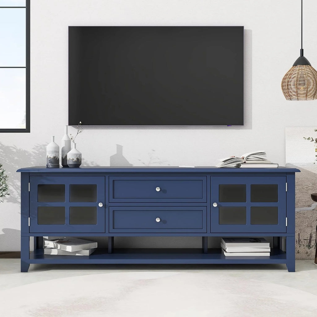 Blue TV Stand with 2 Drawers and Doors V554