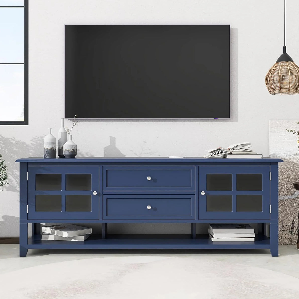 Blue TV Stand with 2 Drawers and Doors V554