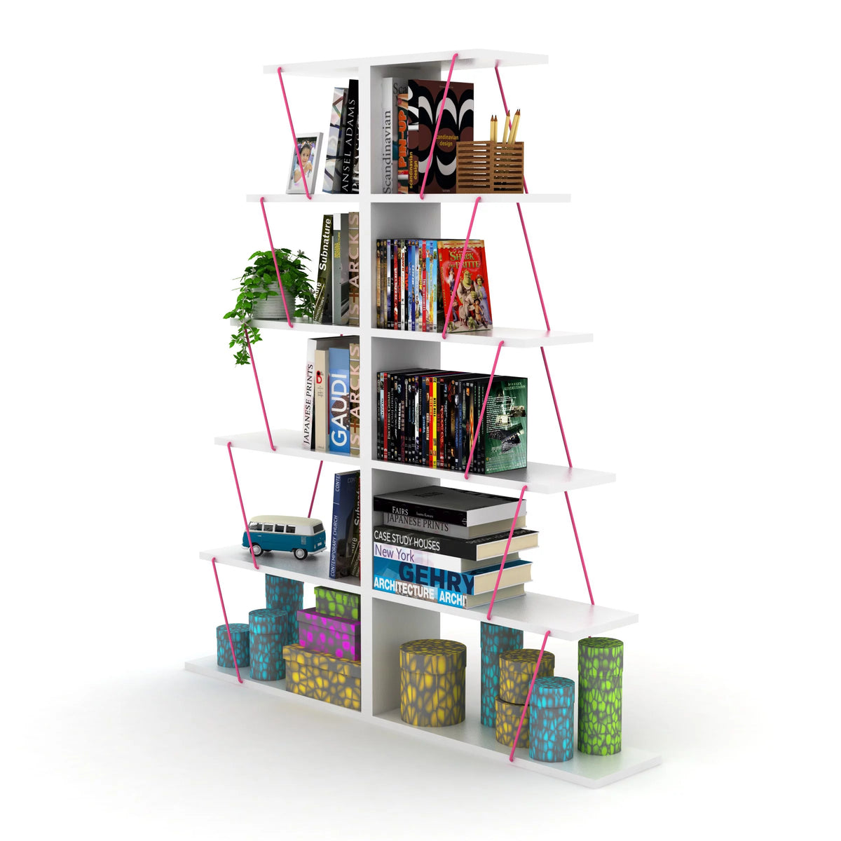 Modern 5 Tier Ladder Bookshelf, White/Pink S91658