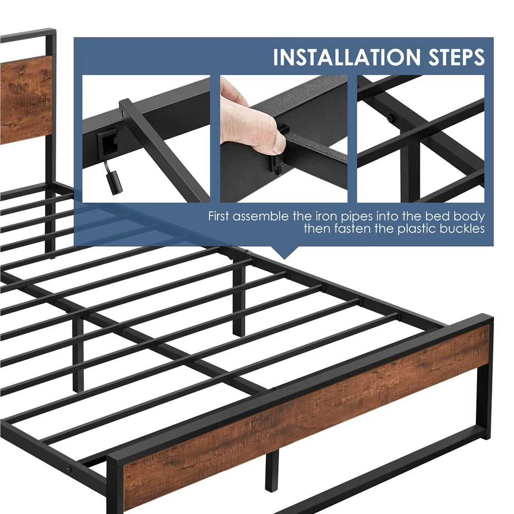 Queen Size Mahogany Metal Platform Bed with Wooden Headboard and Footboard M40770