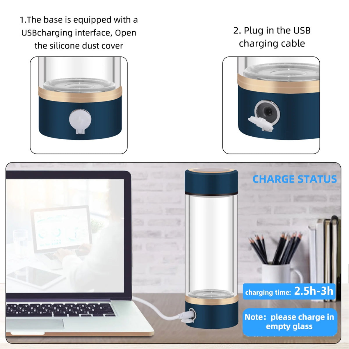 420ml Rechargeable Hydrogen Water Bottle Glass Cup R755