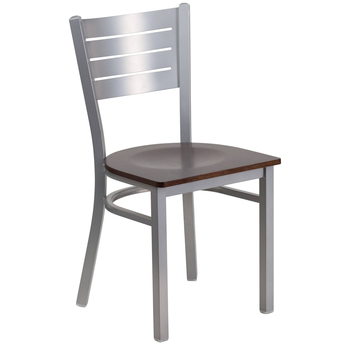 Silver Slat Back Metal Restaurant Chair Walnut Wood Seat X5195