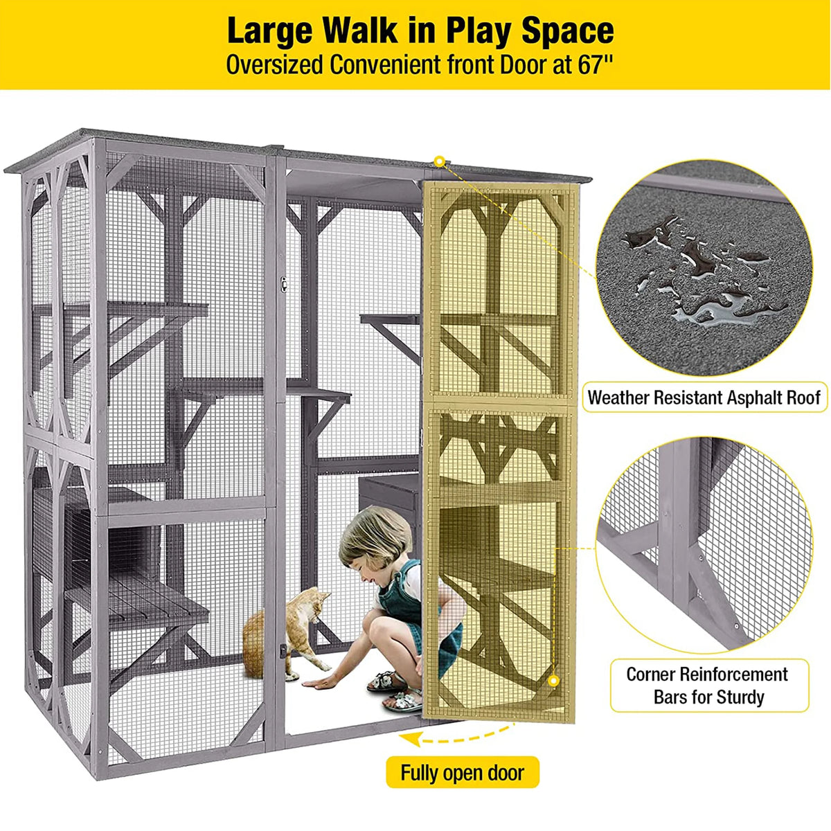 Cat Enclosure, 5-Platform Wooden Cat House with Asphalt Roof, 71 in M1900