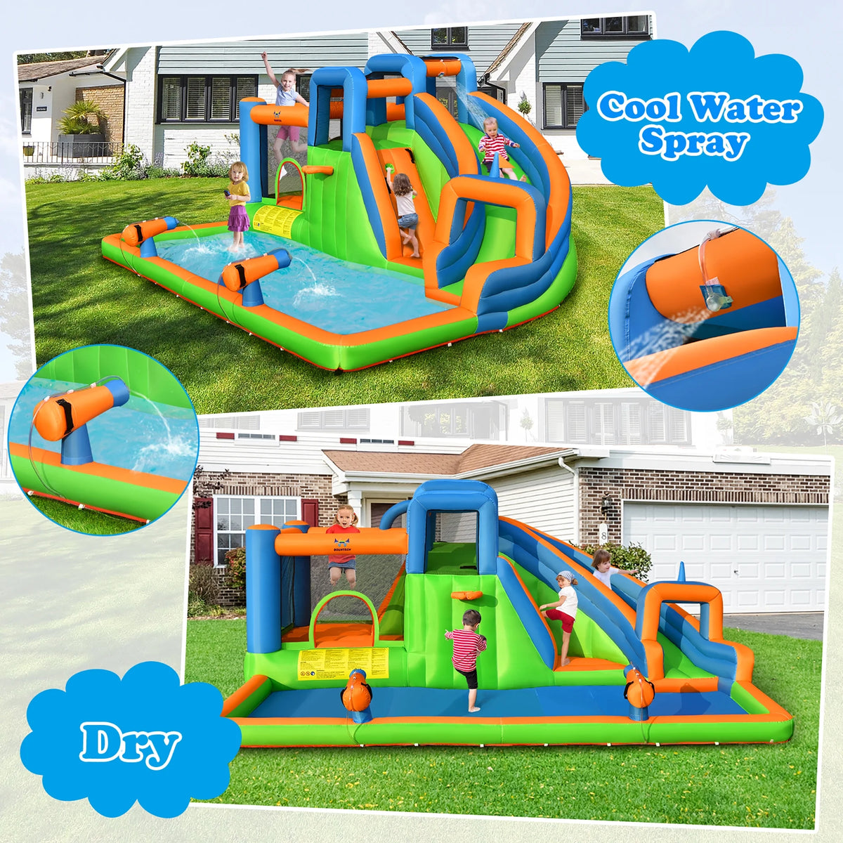 Inflatable Water Slide Bounce Castle with Dual Climbing Walls and 735W Blower I323