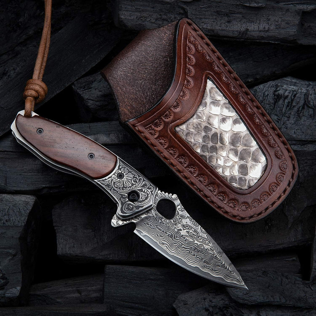 2.5in VG10 Damascus Steel Folding Pocket Knife with Rosewood Handle O3232
