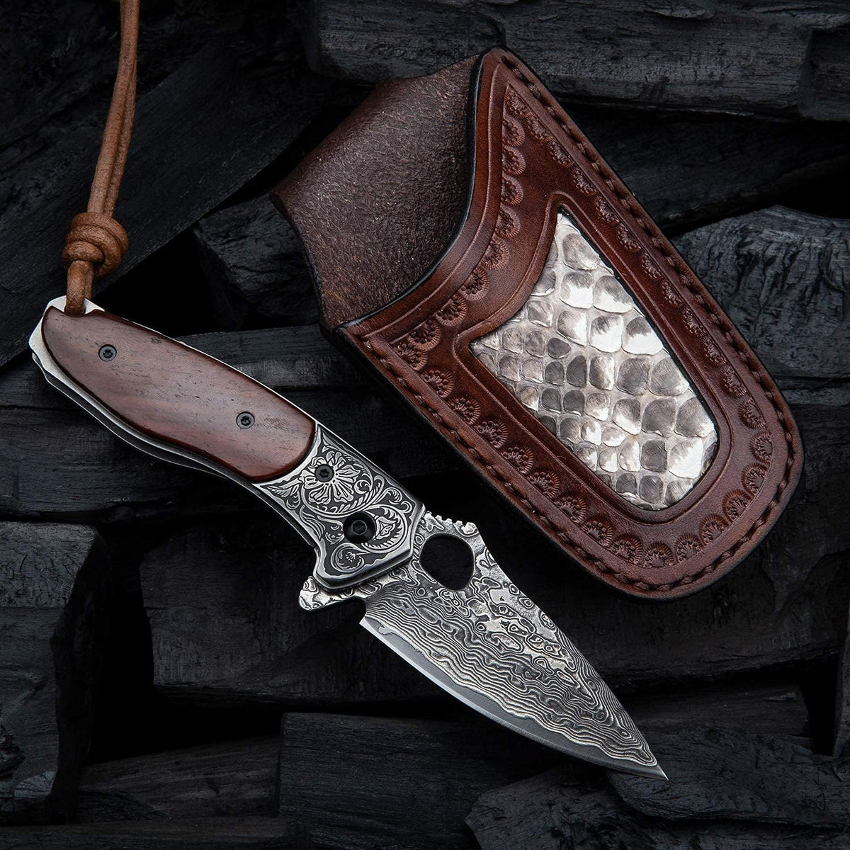 2.5in VG10 Damascus Steel Folding Pocket Knife with Rosewood Handle O3232