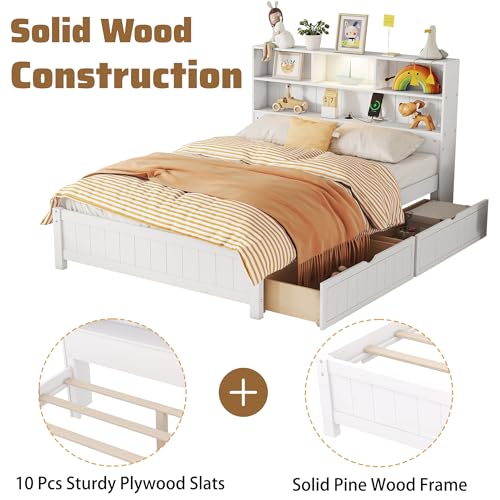 White Twin Size Platform Bed with Bookcase Headboard and 2 Storage Drawers M90206