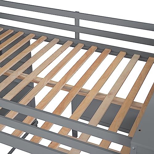 Twin Size Loft Bed with Built-in Desk & Wardrobes, Wood Bedframe with 4 Drawers & 4 Shelves, Gray F9468