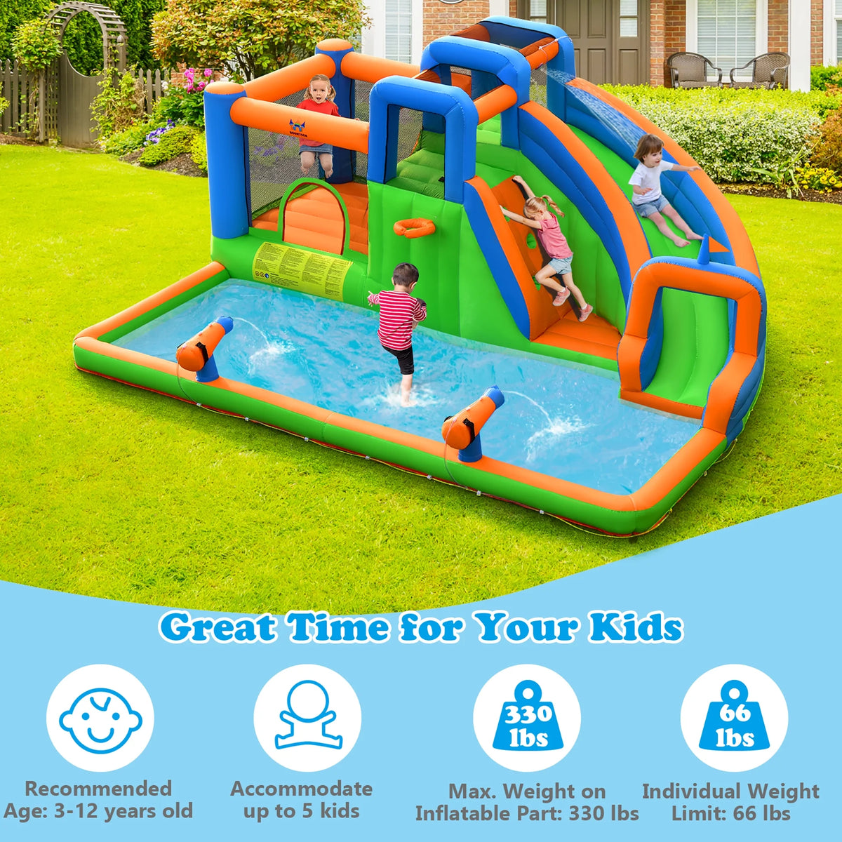 Inflatable Water Slide Bounce Castle with Dual Climbing Walls and 735W Blower I323