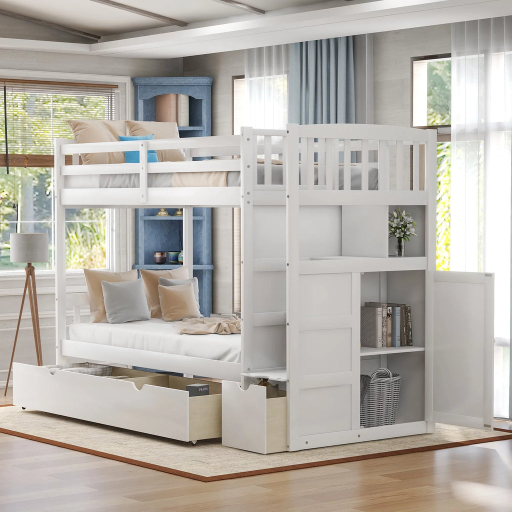 White Twin over Twin Bunk Bed with Drawer and Cabinet S698638