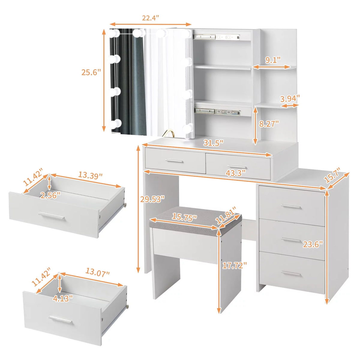 Modern Vanity Table Set with Lighted Mirror, 5 Drawer White G670173