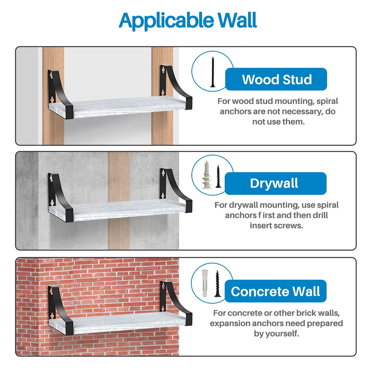 Set of 3 Wall Mounted Wood Rustic Floating Shelves Q164
