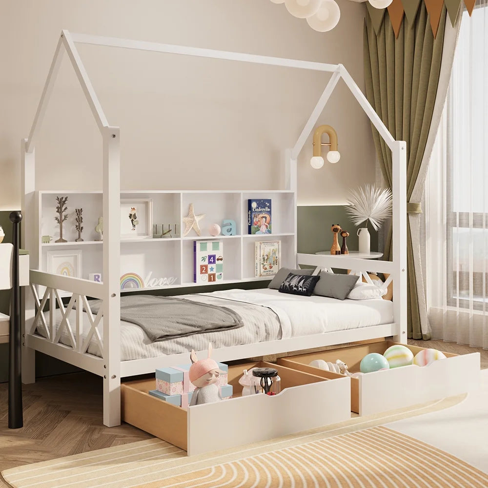Twin House Bed with Trundle and Storage Shelve H174601