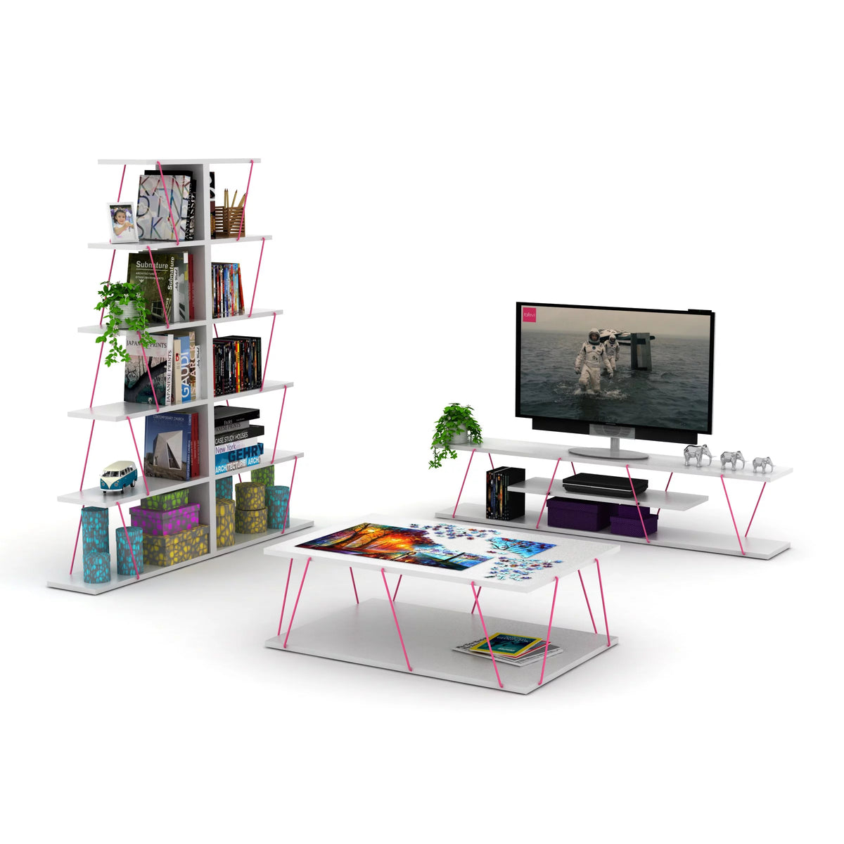 Modern 5 Tier Ladder Bookshelf, White/Pink S91658