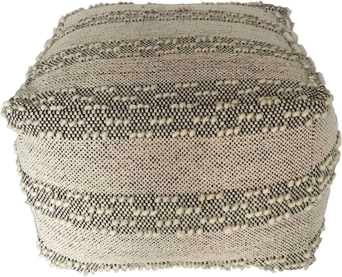 Grey Off/White Woven Striped Cotton Wool Square Pouf G76593