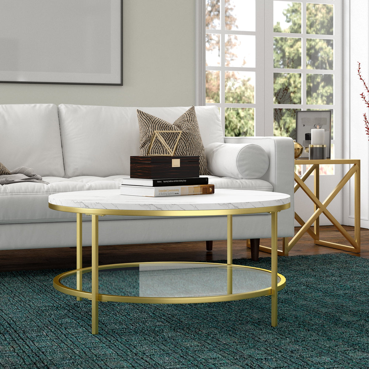 36" Wide Round Coffee Table with Faux Marble Top I57036