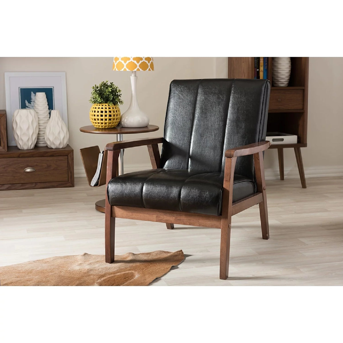 Black Faux Leather Wooden Lounge Chair P754363