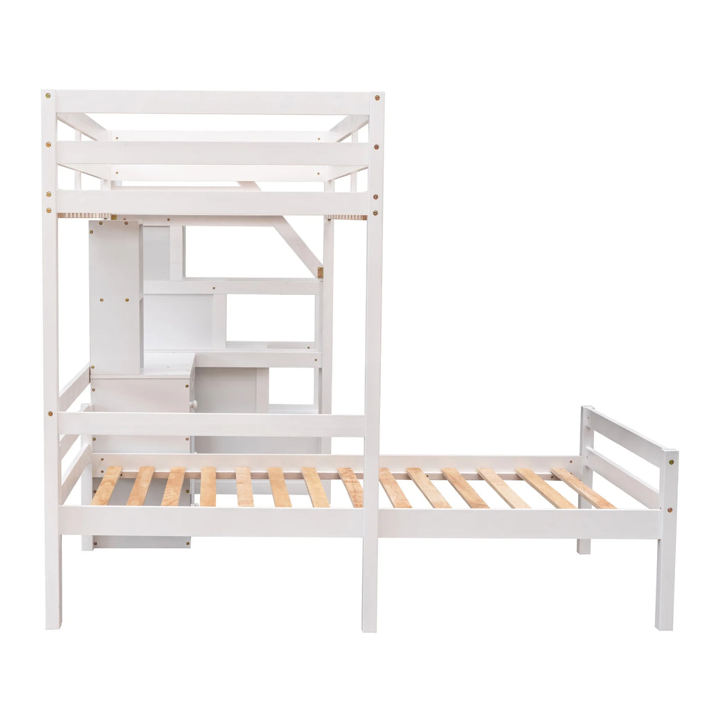 Wood Twin Bunk Loft Bed with Desk, Drawers and Shelf, White S86712