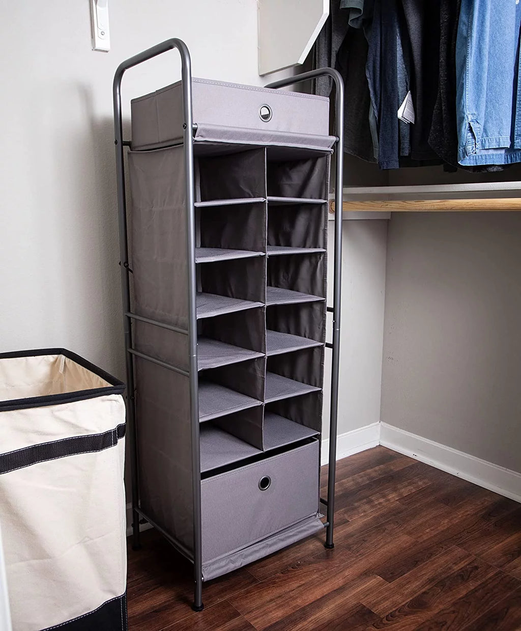 Grey 12 Cubby Vertical Shoe Rack Organizer with Drawer Z39055