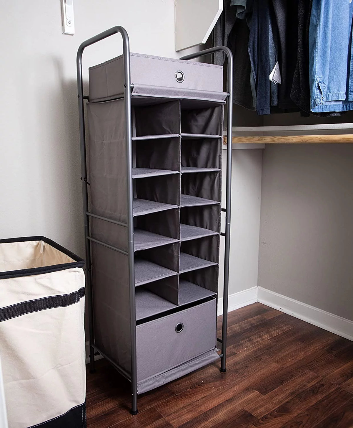 Grey 12 Cubby Vertical Shoe Rack Organizer with Drawer Z39055