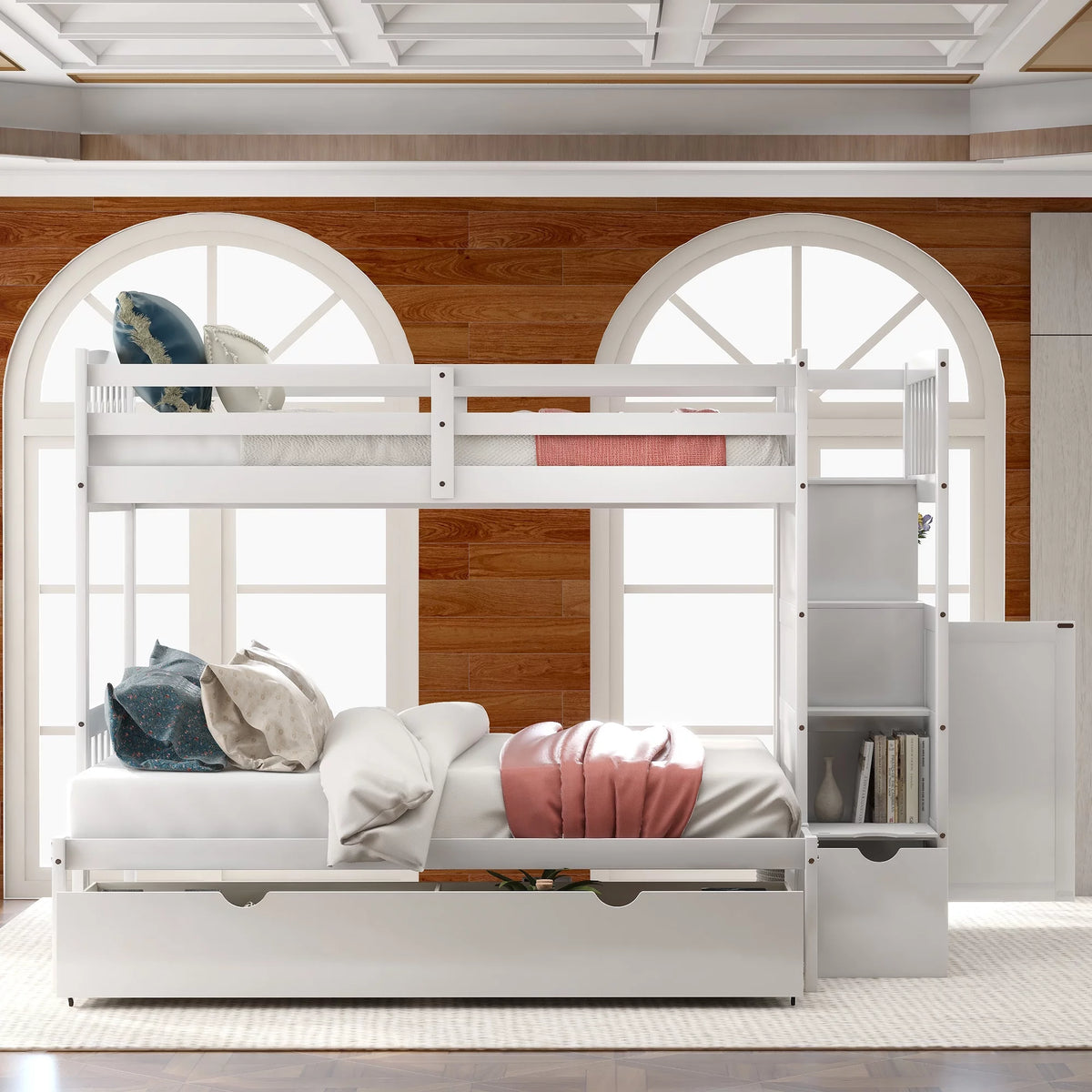 White Twin over Twin Bunk Bed with Drawer and Cabinet S698638