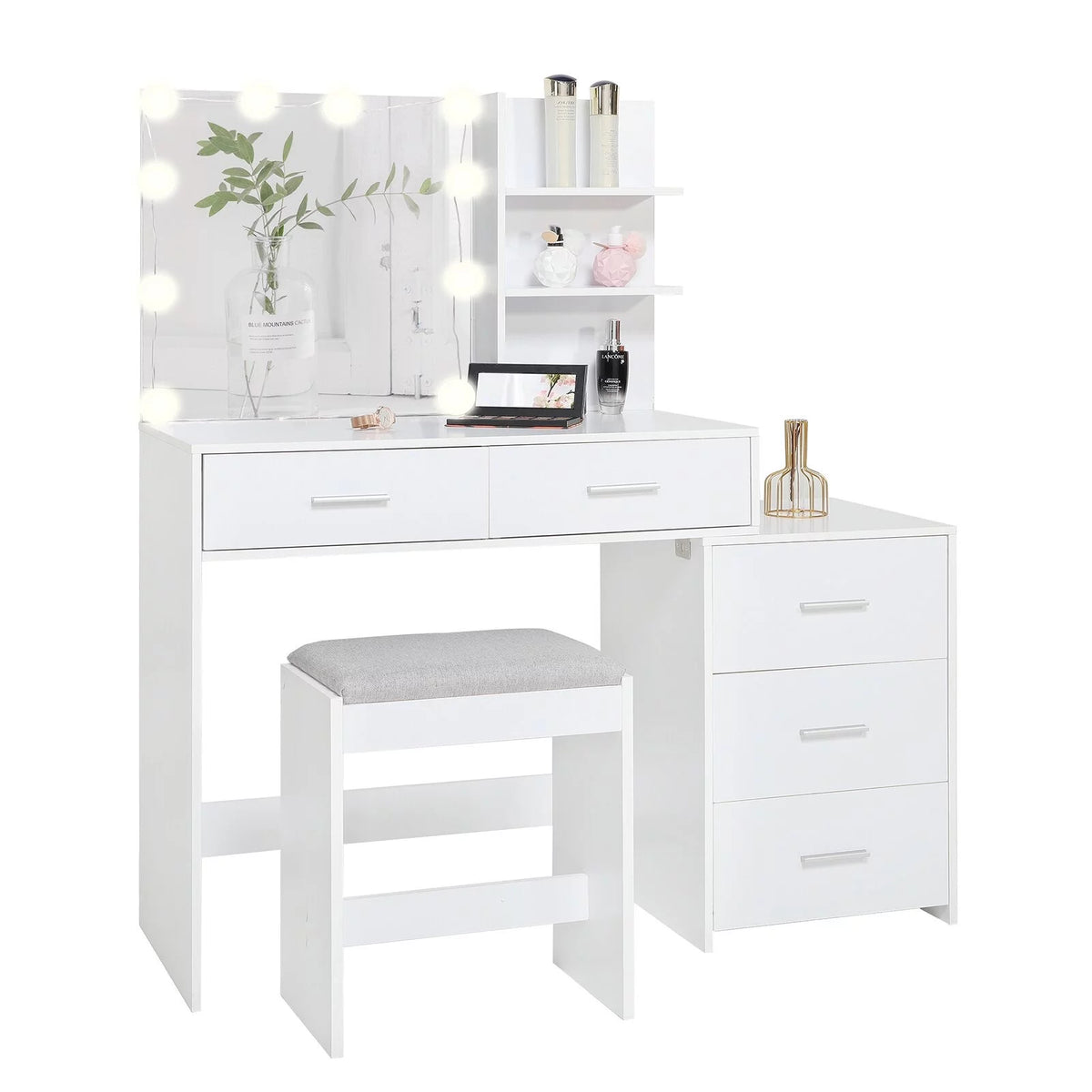 Modern Vanity Table Set with Lighted Mirror, 5 Drawer White G670173
