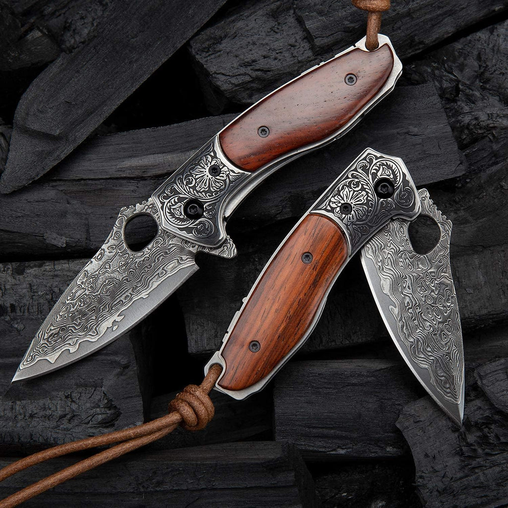 2.5in VG10 Damascus Steel Folding Pocket Knife with Rosewood Handle O3232