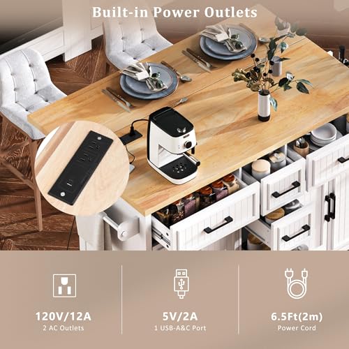 56.5" Rolling Kitchen Island with Drop Leaf, Power Outlet, 4 Doors, 5 Drawers, Black E357979